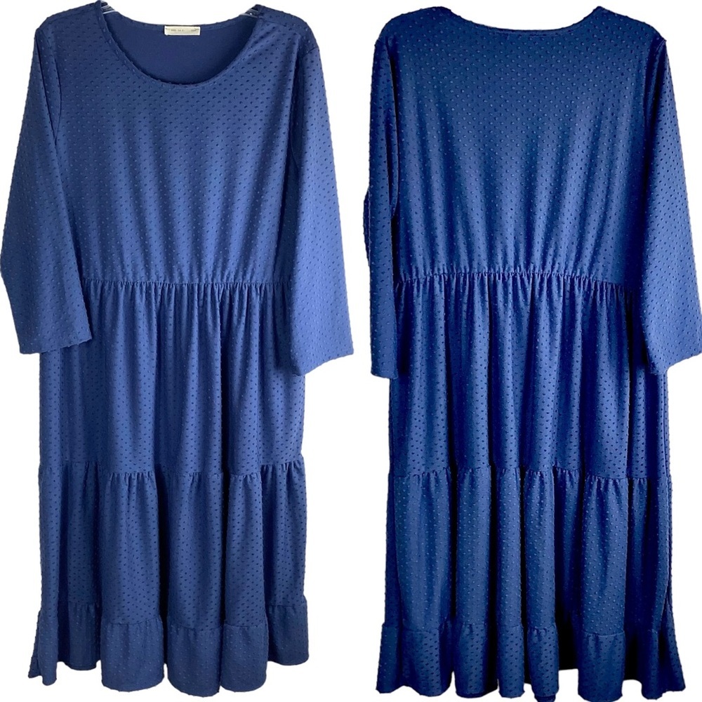 Reb in J Dress Slate Blue Swiss Dot Mid Length Tiered Skirt Long Sleeve Size L
